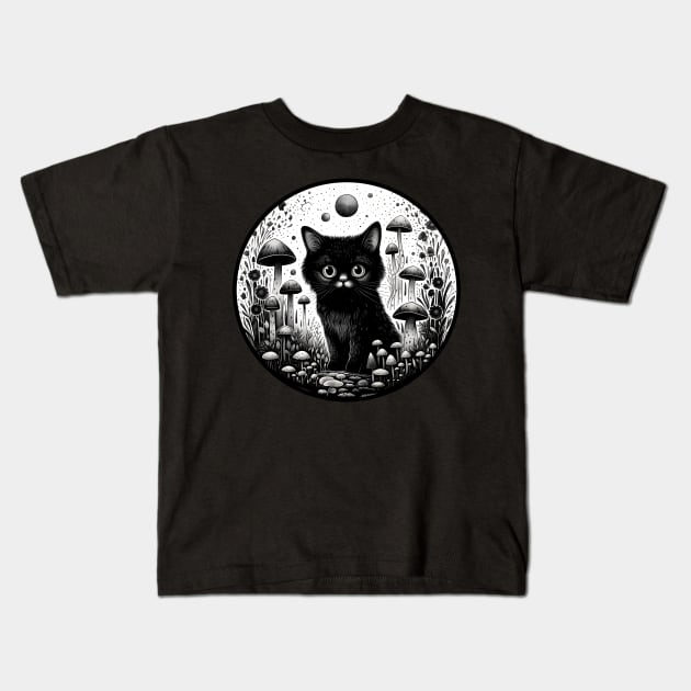 Black cat mushroom field Kids T-Shirt by beangeerie